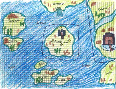 Drawing of continents and blue water
