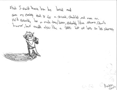 Drawing of a mischievous-looking boy with writing