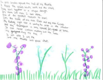 Image of a poem with purple flowers and green grass
